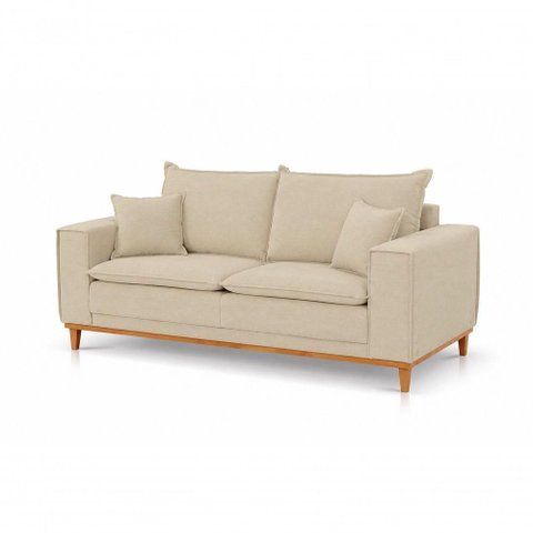 Sofá Margot 3 Lugares Fixo 200cm Bege Claro Veludo Base Madeira Margot