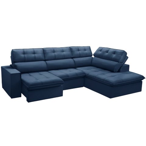 Sofá 4 Lugares Retrátil Reclinável Chaise Direito 288cm Solin F04 Veludo Azul - Lyam Decor