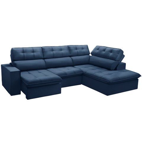 Sofá 4 Lugares Retrátil Reclinável Chaise Direito 288cm Solin F04 Veludo Azul - Lyam Decor