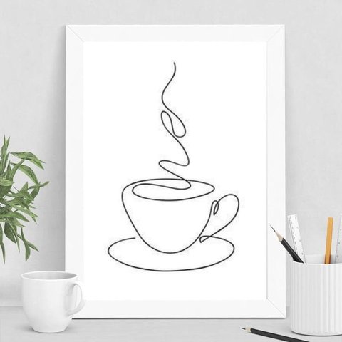 Quadro Minimalista Xícara de Café One line 33x24cm - com Vidro:madeira Branca