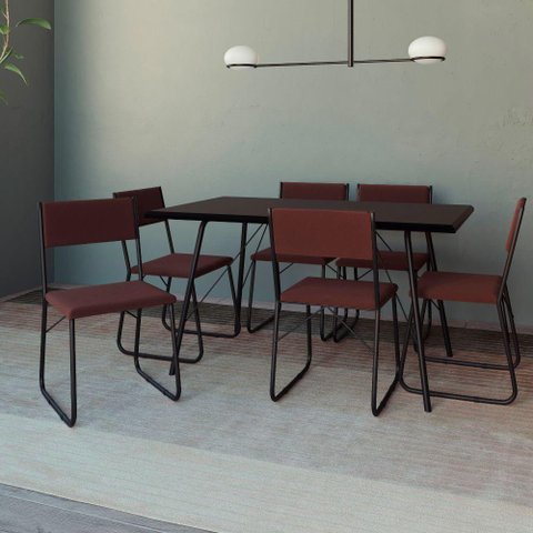 Mesa Jantar Paraty 150cm Tampo Preto com Cadeiras 6 Cadeiras Angra Estofadas Preta e Marrom Preto