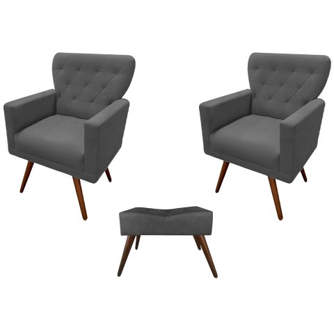 Kit 2 Poltronas Decorativa Aurora + 1 Puff Retangular Suede Cinza Pés Madeira Ms Decor