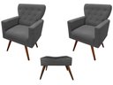 Ver imagem 1 de Kit 2 Poltronas Decorativa Aurora + 1 Puff Retangular Suede Cinza Pés Madeira Ms Decor