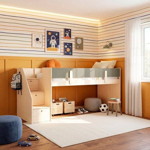 Cama Alta com Escada Lateral em MDF Artsy Casatema MadeiraOriginals Natural/Verde
