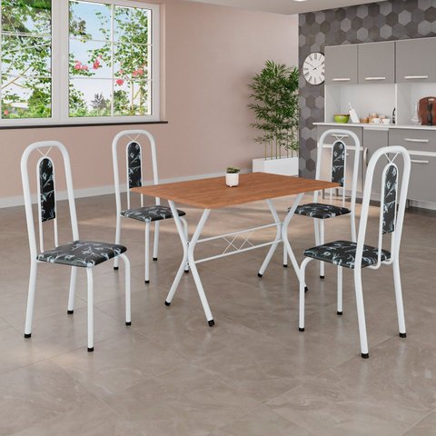 Conjunto de Mesa Tubular 100cm x 60cm Tampo em MDF com 4 Cadeiras Lívia Branco/Preto