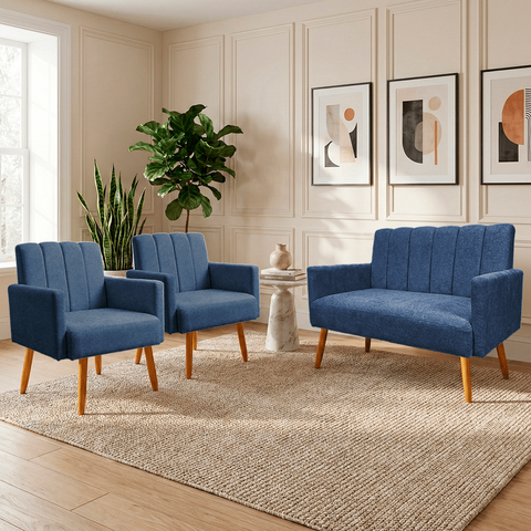 Conjunto Namoradeira + 2 Poltronas Decorativas Nina Resistente Bouclé:Azul Marinho