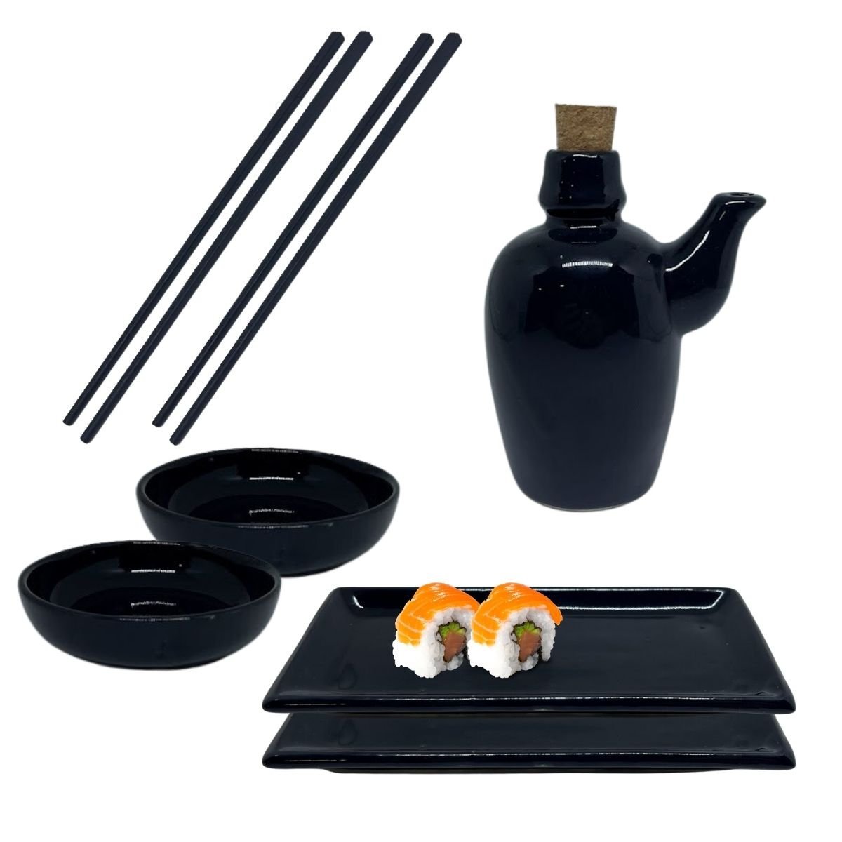 Kit Sushi Comida Japonesa Porcelana 2 Pessoas Preto 7 peças + Hashi Molheira 110mL Prattos - 1