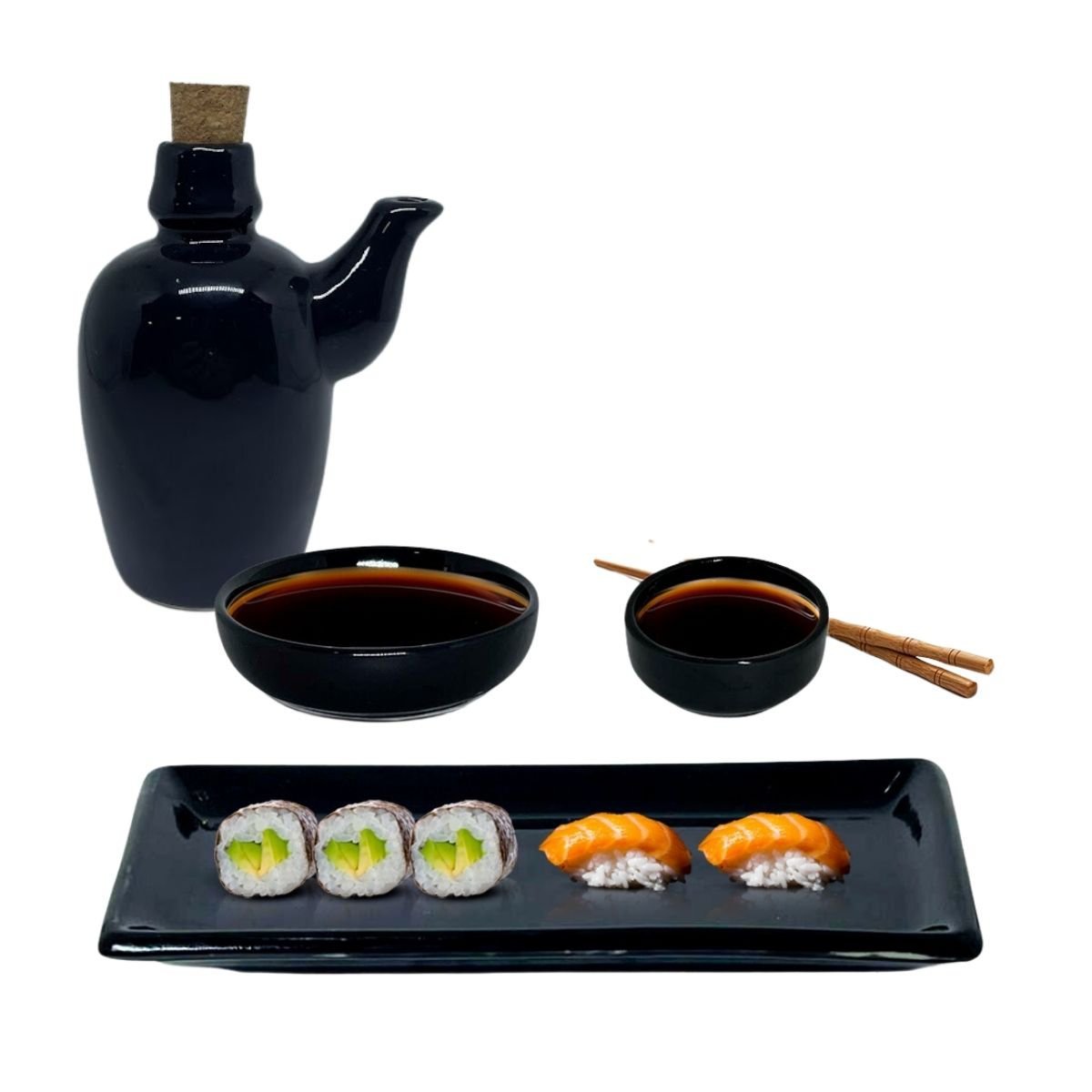 Kit Sushi Comida Japonesa Porcelana 2 Pessoas Preto 7 peças + Hashi Molheira 110mL Prattos - 5