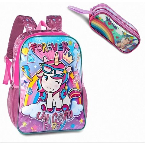 Kit Escolar Infantil Mochila Unicornio + Estojo Duplo:rosa/único/feminino/acessórios