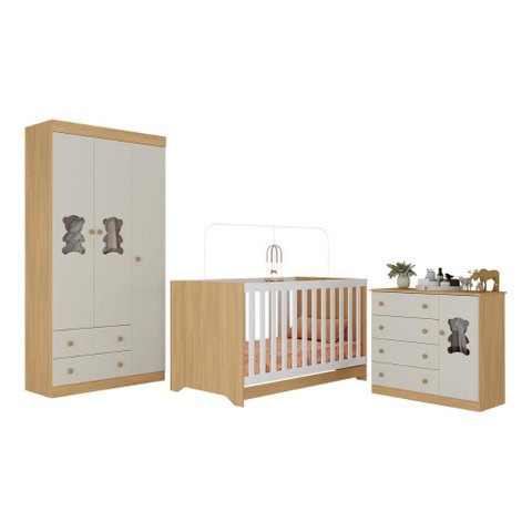 Quarto de Bebê Completo com Berço Americano 3 em 1 Teddy Multimóveis Mp4652 Madeirado/off White