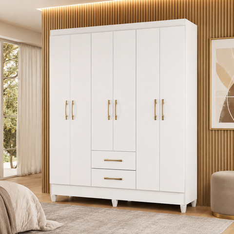 Guarda-Roupa Casal 6 Portas 2 Gavetas Panamá Branco Moval