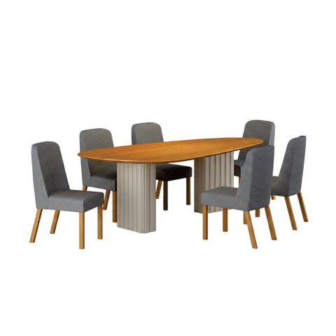 Conjunto Sala de Jantar Ísis 2,00m com 6 Cadeiras Tampo Orgânico s/ Vidro Cinamomo Off White/Linho C