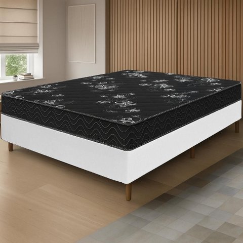Cama Box Branca + Colchão Viúva Andes Preto Bordado Espuma D20 128x188x49cm