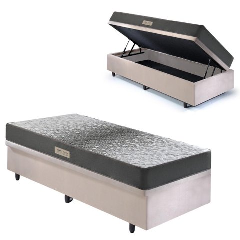 Base Box Baú 88x188 Suede com Colchão Dual Firm Espuma Ecoflex