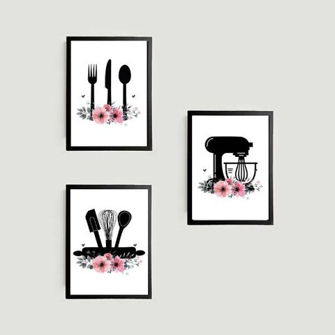 Kit 3 Quadros Utensílios de Cozinha 45x34cm - com vidro:Madeira preta