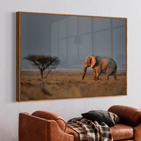 Quadro Decorativo Elefante na Savana em Moldura Caixa Tacolado Moldura Trad 1cm Madeira Escura com V