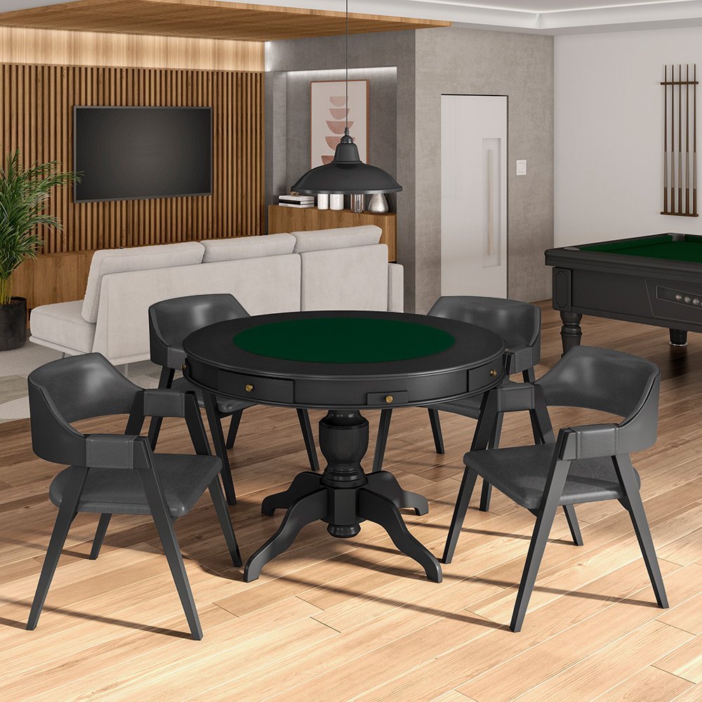 Conjunto Mesa de Jogos Carteado Bellagio Tampo Reversível e 4 Cadeiras Madeira Poker Base Estrela Pu