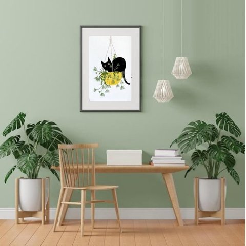Quadro Gato e Plantas - 60x48cm:madeira Branca
