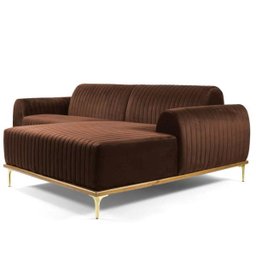 Sofá 3 Lugares com Chaise Esquerdo Base de Madeira Euro 2,30M Veludo Marrom - Gran Belo - 1
