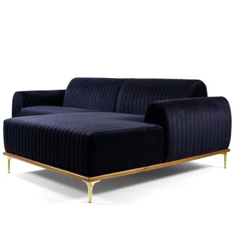 Sofá 3 Lugares com Chaise Esquerdo Base de Madeira Euro 2,30M Veludo Azul - Gran Belo