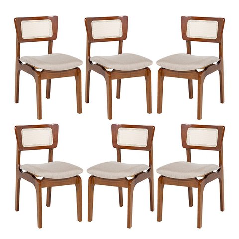 Kit 6 Cadeiras de Jantar Portugal em Madeira Imbuia Encosto Tela Rattan Linho Bege M58