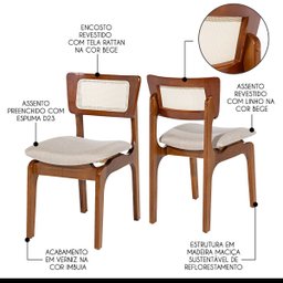 Kit 6 Cadeiras de Jantar Portugal em Madeira Imbuia Encosto Tela Rattan Linho Bege M58 - 4