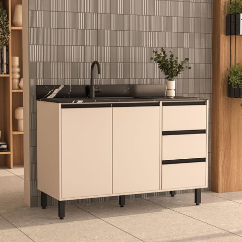 Balcão de Cozinha 120x81cm com 3 Gavetas e 2 Portas Creme 250003