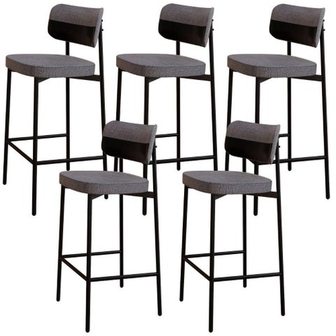 Kit 05 Banquetas Alta Bar Cozinha Sala de Jantar Aço Preto Kaira C01 Linho Cinza Courino Preto -