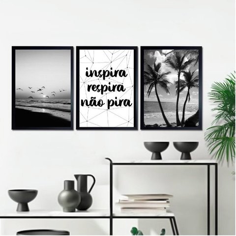 Kit 3 Quadros Inspira Respira Não Pira Praia Preto e Branco 33x24cm:madeira Branca