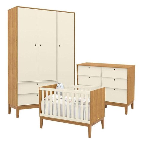 Quarto de Bebe Unique 3 Portas com Cômoda 6 Gavetas Freijó Off White Eco Wood - Matic