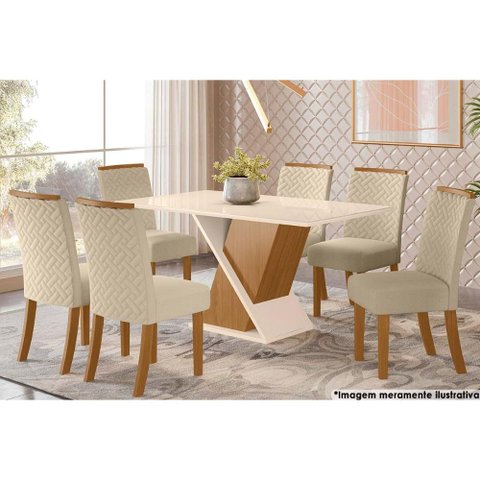 Sala de Jantar Completa Solus Tampo Madeirado C/ Vidro 160x90cm e 6 Cadeiras Malu Nature/veludo