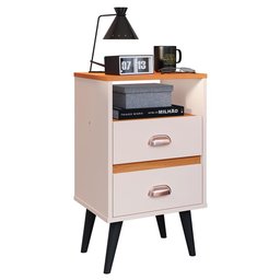 Mesa de Cabeceira Retrô Mesinha Pequena Canto Quarto Apoio Cama 2 Gavetas Nicho Off/Cinamomo-RPM - 1