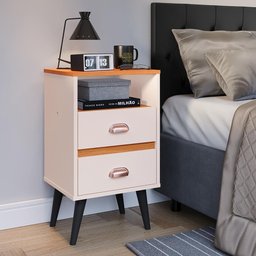 Mesa de Cabeceira Retrô Mesinha Pequena Canto Quarto Apoio Cama 2 Gavetas Nicho Off/Cinamomo-RPM - 3