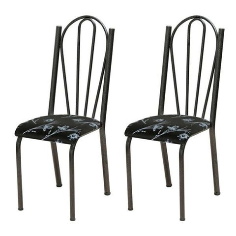 Kit 2 Cadeiras Tubular Cromo Preto 021 Assento Preto Florido