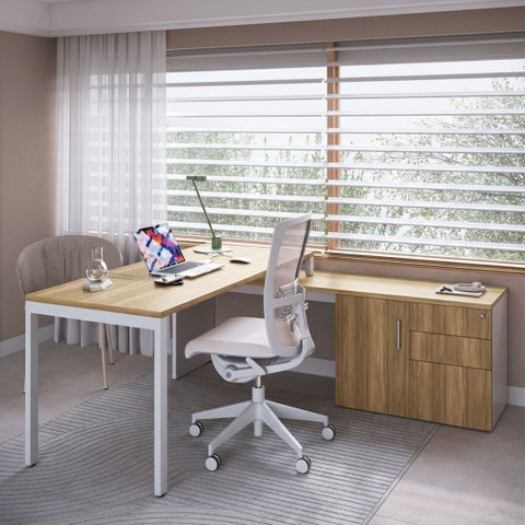 Mesa para Escritório em L com Balcão 1 Porta 3 Gavetas Idea A03 Nogal Sevilha Branco - Lyam Decor