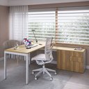 Ver imagem 1 de Mesa para Escritório em L com Balcão 1 Porta 3 Gavetas Idea A03 Nogal Sevilha Branco - Lyam Decor