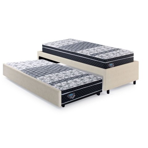 Bicama Box Solteiro Courino Linho Areia 88x188 com Dois Colchões Gransleep Molas Ecoflex