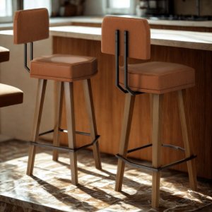 Kit 2 Banquetas Alta para Área Gourmet Pés em Madeira Natural Tecido Corano Premium