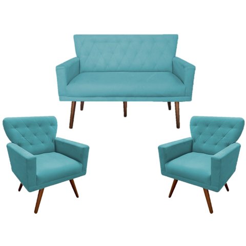 Kit Namoradeira + 2 Poltronas Decorativa Aurora Suede Azul Tifany Pés Madeira Mz Decor