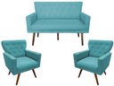 Ver imagem 1 de Kit Namoradeira + 2 Poltronas Decorativa Aurora Suede Azul Tifany Pés Madeira Mz Decor