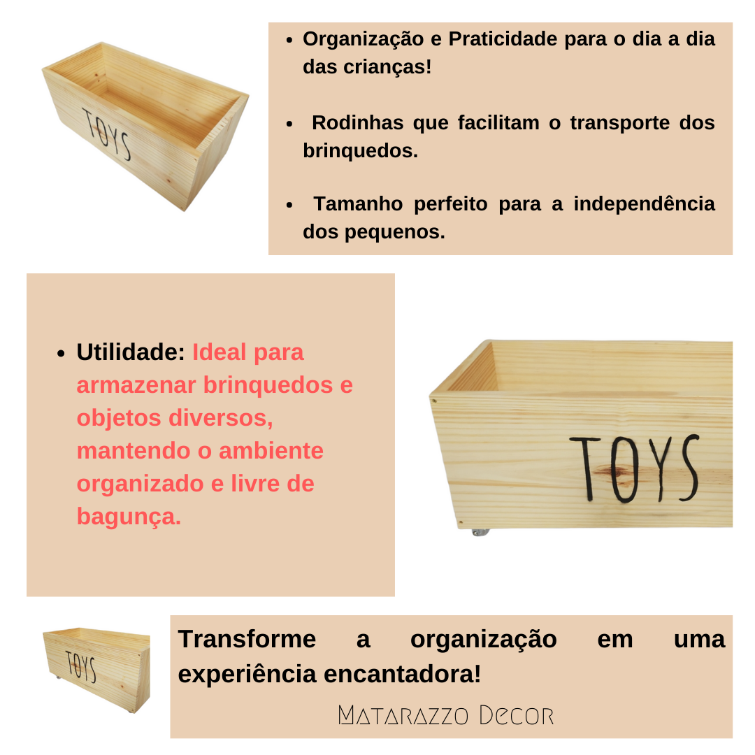 Baú Organizador de Brinquedos de Madeira Pinus com Rodinhas 360° - Toys - 6