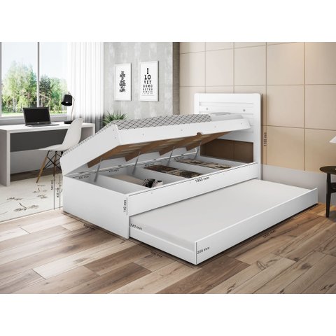 Cama Solteiro Baú com Auxiliar Larissa - Funcinal Prática - Branca