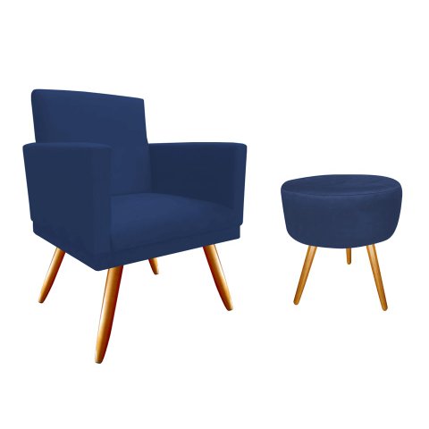 Kit Poltrona Decorativa Bia + Puff Redondo Suede Azul Marinho Pés Madeira Mz Decor
