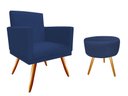 Ver imagem 1 de Kit Poltrona Decorativa Bia + Puff Redondo Suede Azul Marinho Pés Madeira Mz Decor