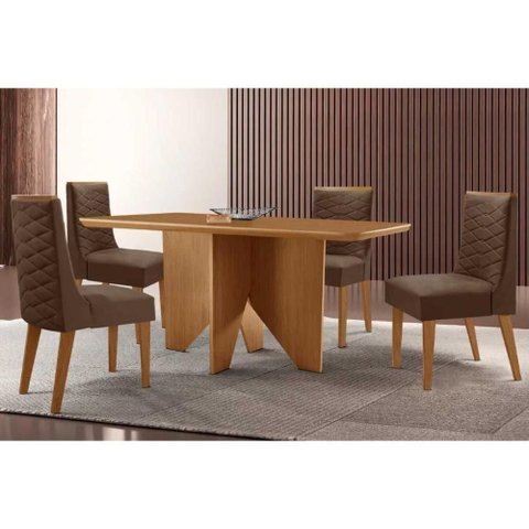 Conjunto: Mesa Sala Jantar Nevada C/ Tampo Madeirado Canto Curvo 120x80cm e 4 Cadeiras Dafne