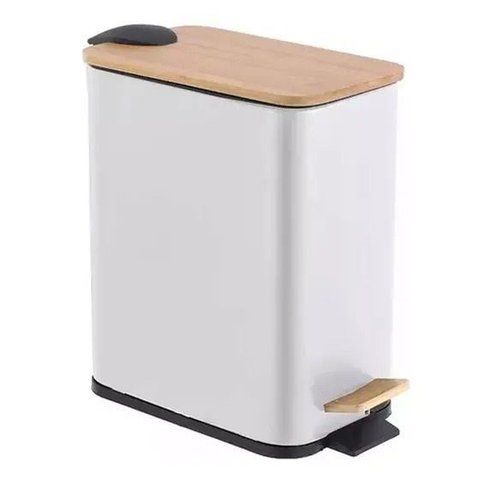 Lixeira Retangular C/ Pedal e Tampa de Bambu Branca 5l - Paramount