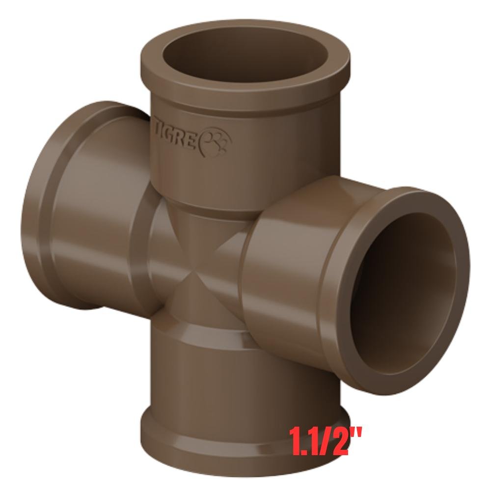 Cruzeta Conexão Soldável Pvc Marrom para Canos e Tubos de Água Fria 1.1/2” Polegadas 50mm Tigre