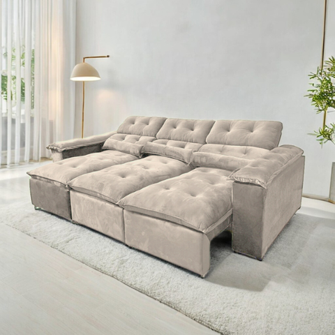 Sofá Retrátil e Reclinável 2,75m em Tecido Veludo C/ Pillow Nos Braços - Montagem Inclusa:bege