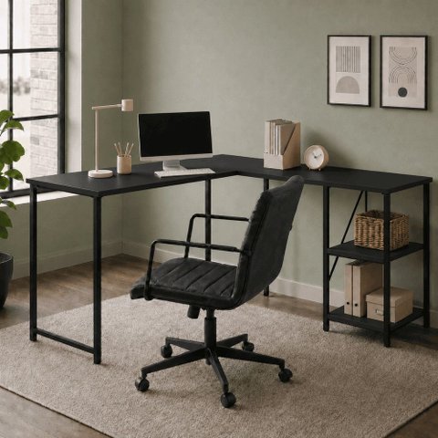 Mesa em L com Prateleira Office em MDF Estilo Insdustrial Klm Store