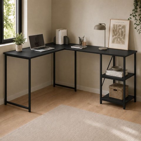 Mesa em L com Prateleira Office em MDF Estilo Insdustrial Klm Store